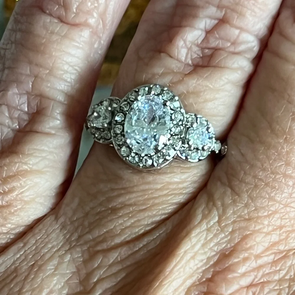 Swarovski Crystal Ring Rhodium-Plated Three-Stone Ring with Clear Crystals - Picture 8 of 11